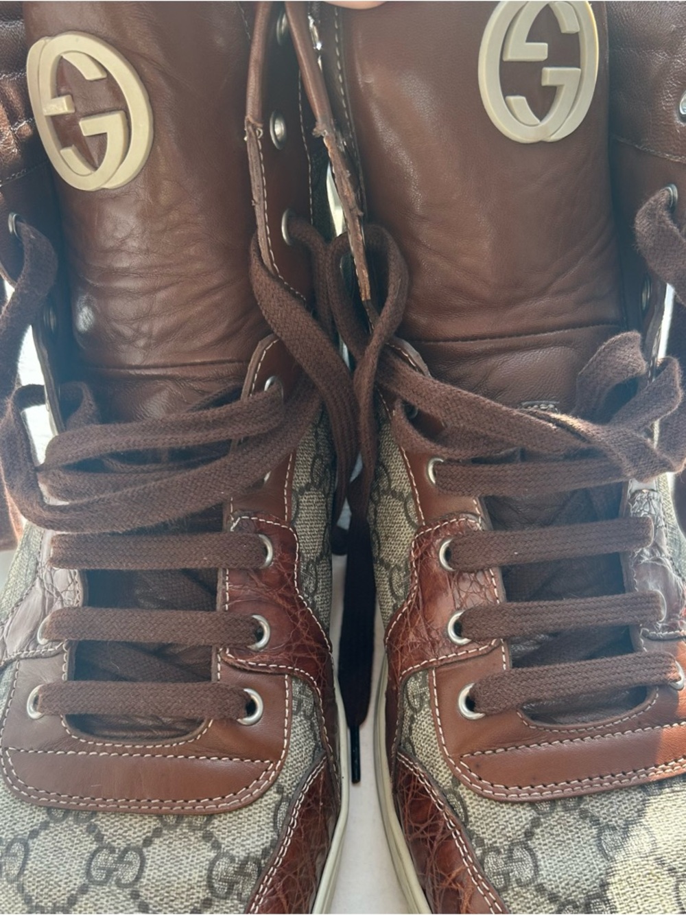 Men’s Gucci Imprime Crocodile Canvas GG High-Top Sneakers - Brown, Size 16 - Picture 4 of 15